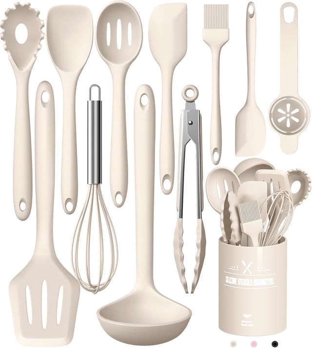 👩‍🍳 Küchenhelfer Set: 12-teiliges Silikon Kochutensilien Kochbesteck Set - Khaki