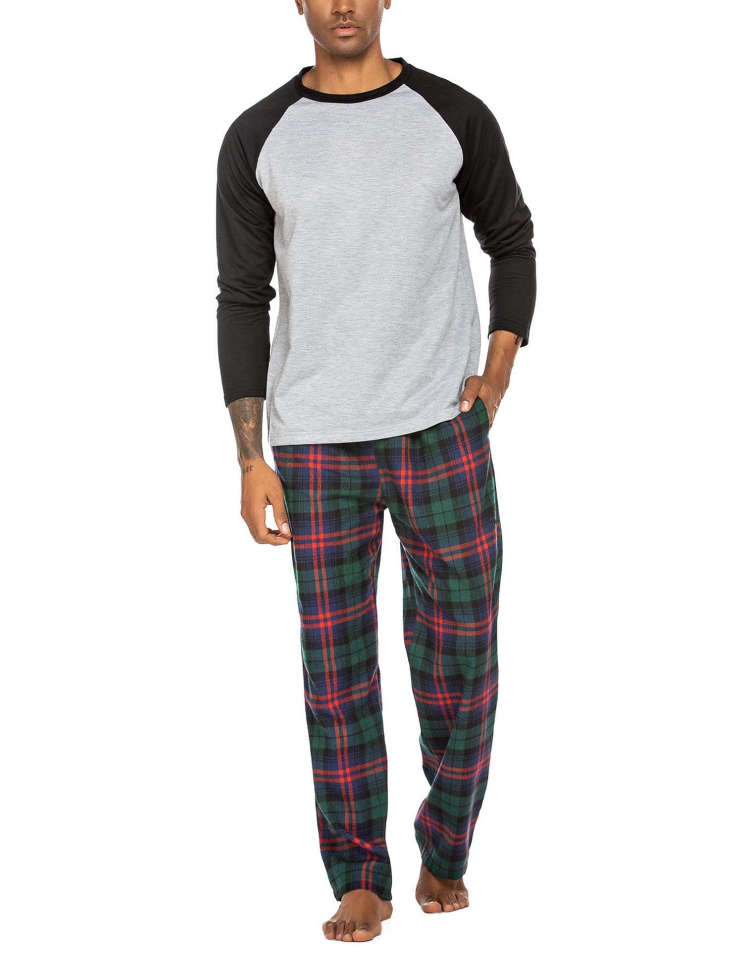 🌙 Ekouaer Schlafanzug Herren Lang Winter Zweiteiliger Pyjama Set Rundhals Karierte, S-XXL Kariert-schwarz XXL 🌟