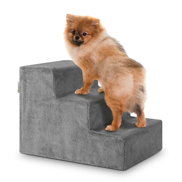Juskys Haustiertreppe Hundetreppe 36 cm - Treppe 3 Stufen Plüsch-Bezug waschbar - Katzentreppe Hunderampe für Bett, Sofa, Couch und Auto - Bezug Grau 🐾