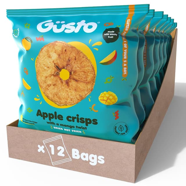🍎🥭 GUSTO SNACKS - Knusprige Apfelchips mit Mangosaft - Vegane und glutenfreie Snackbox - 20g (12 Tüten)