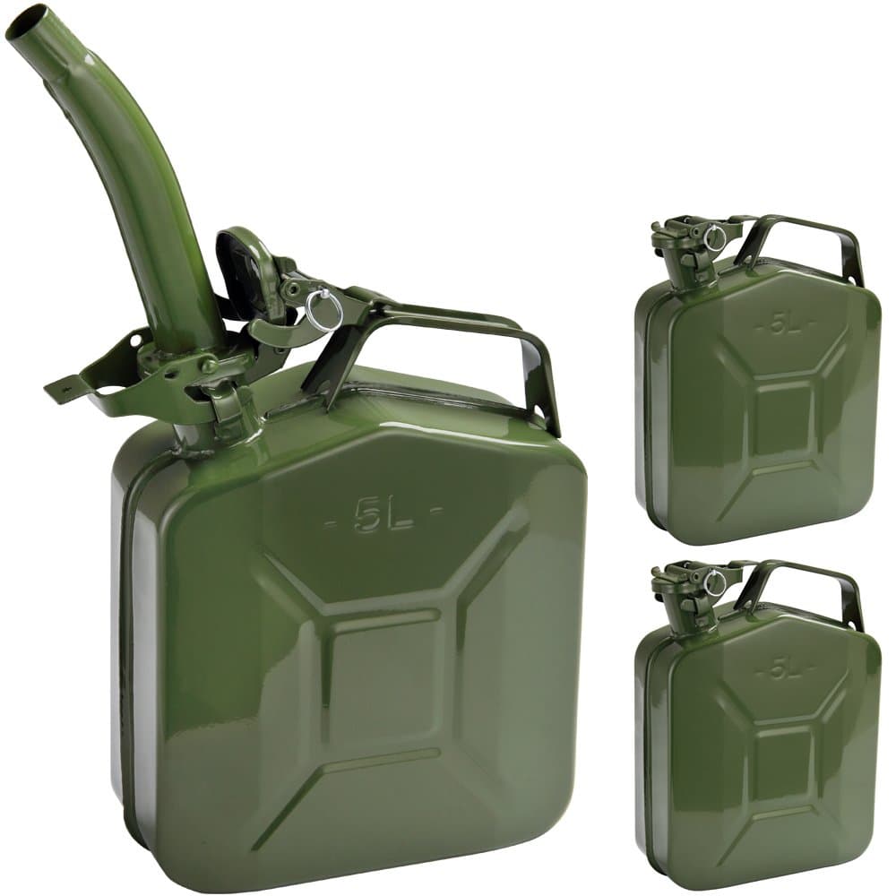 🚗 MONZANA® 3x 5 L Kanister Stahl Sicherheitsbügel UN-Zulassung Benzinkanister Metall Diesel Kanister Behälter Stahl Kraftstoffkanister oliv 3x 5L + Ausgießer Angebot!