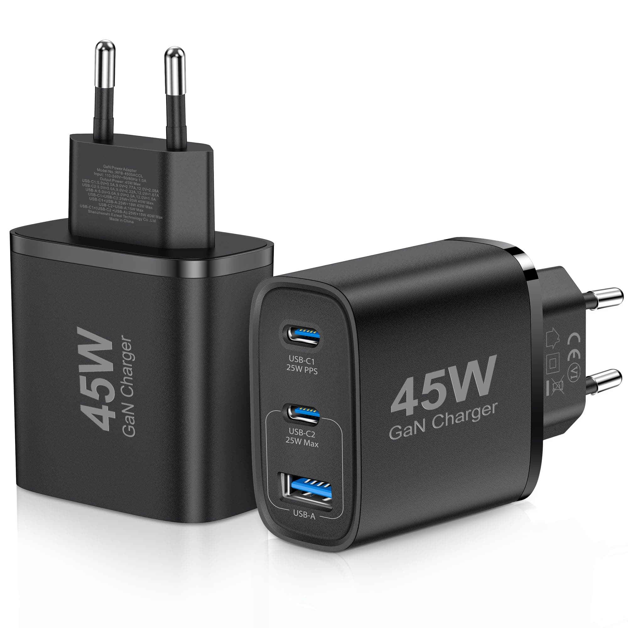 🔌 2er-Pack USB C Ladegerät 45W GAN für iPhone/Samsung Galaxy - Schnellladegerät