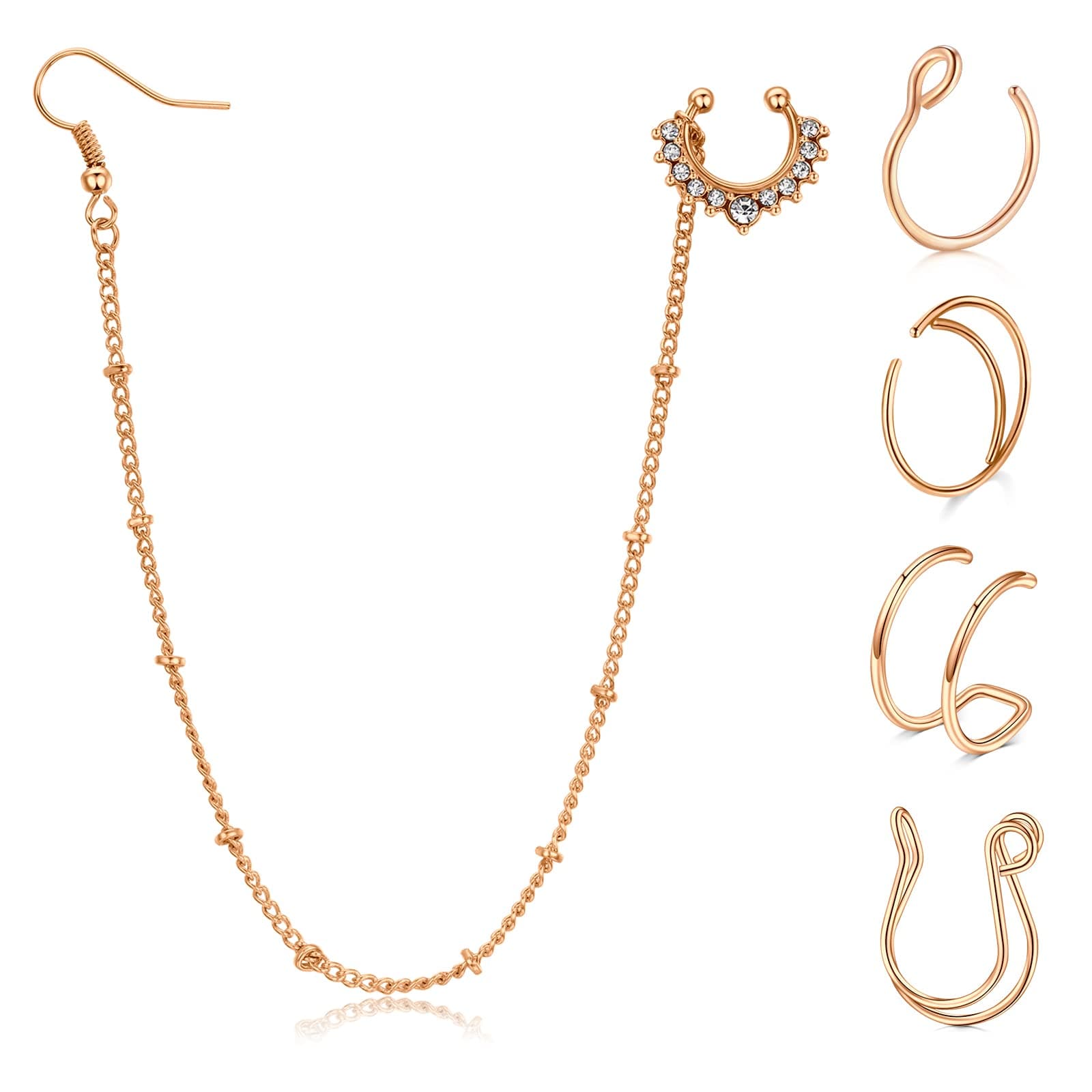 Briana Williams Fake Septum Fakes Nasenring mit Kette zum Ohr 🌹 Gefälschte Nasenpiercing 🌟 Indische Halloween Non-Pierced Nase Schmuck Rosegold