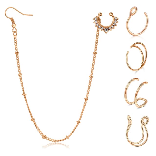 Briana Williams Fake Septum Fakes Nasenring mit Kette zum Ohr 🌹 Gefälschte Nasenpiercing 🌟 Indische Halloween Non-Pierced Nase Schmuck Rosegold