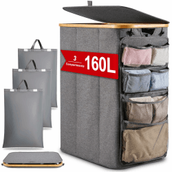 DOKRVLOQ Wäschesammler Wäschekorb 3 Fächer mit Deckel 160L Upgrade Hängeorganizer Wäschesortierer Groß Laundry Baskets Faltbarer Wäschekörbe Bambus Stoff Wäschebox für Schmutzwäsche WäSchetonne Grau 160L Grau3 🧺👕👖