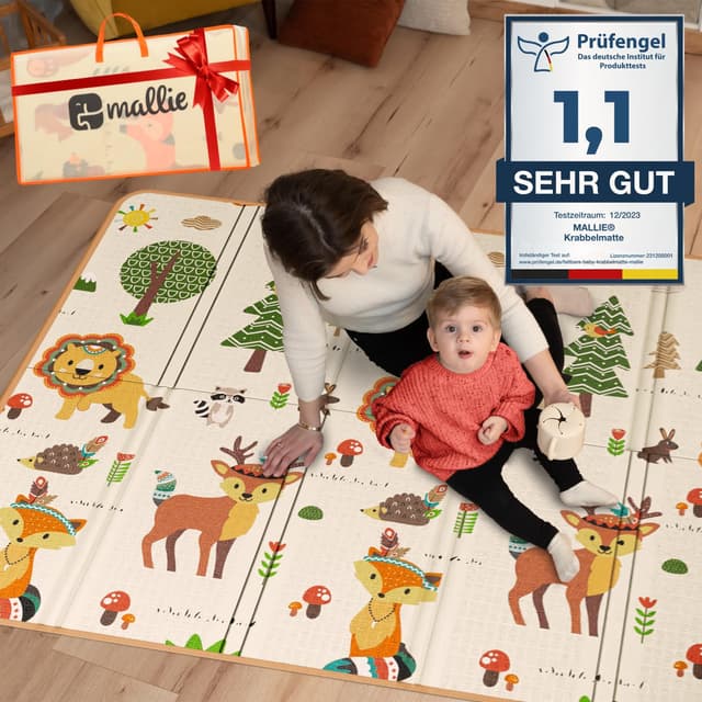 Mallie® Spielmatte Baby Faltbar inkl. Gratis Tragetasche 180x150x1,5cm 🐻 Sommergarten 1,5 CM Dicke