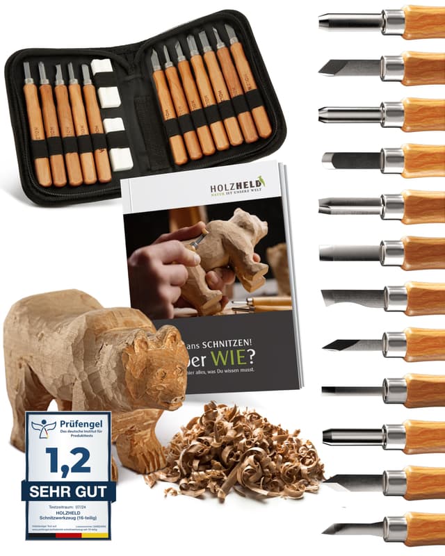 🪓 HOLZHELD Schnitzwerkzeug Set (16-teilig) mit Anleitung für 1 Schnitzprojekt - 12 hochwertige Schnitzmesser 🪓