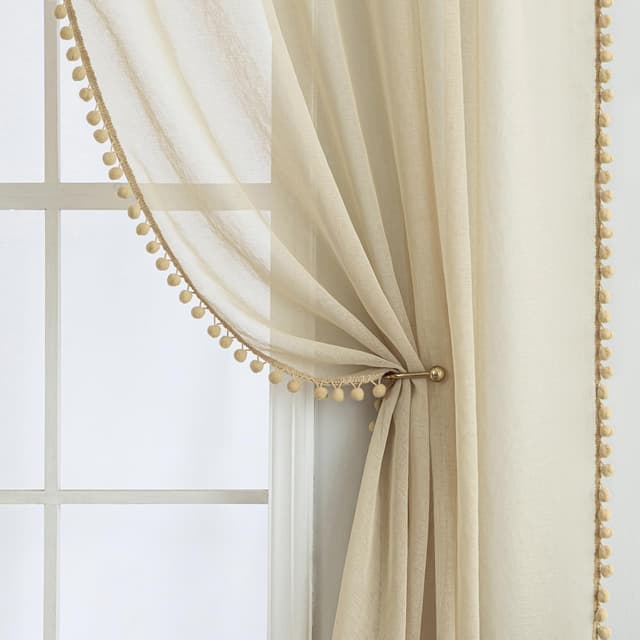 MIULEE Gardinen mit Pompons für Kinderzimmer Mädchen 🎀 2 Stücke Vorhang mit Bommeln 🏡 Beige