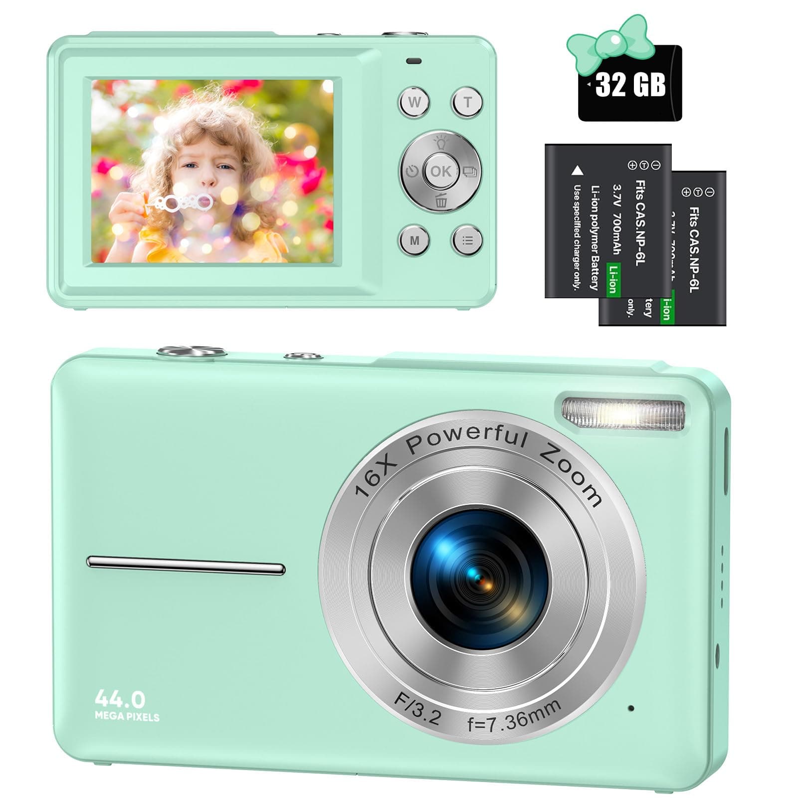 📸 Digitalkamera 44MP 1080P FHD Fotokamera Kompaktkamera 16X Digitalzoom Fotoapparat mit 32GB Speicherkarte - Grün
