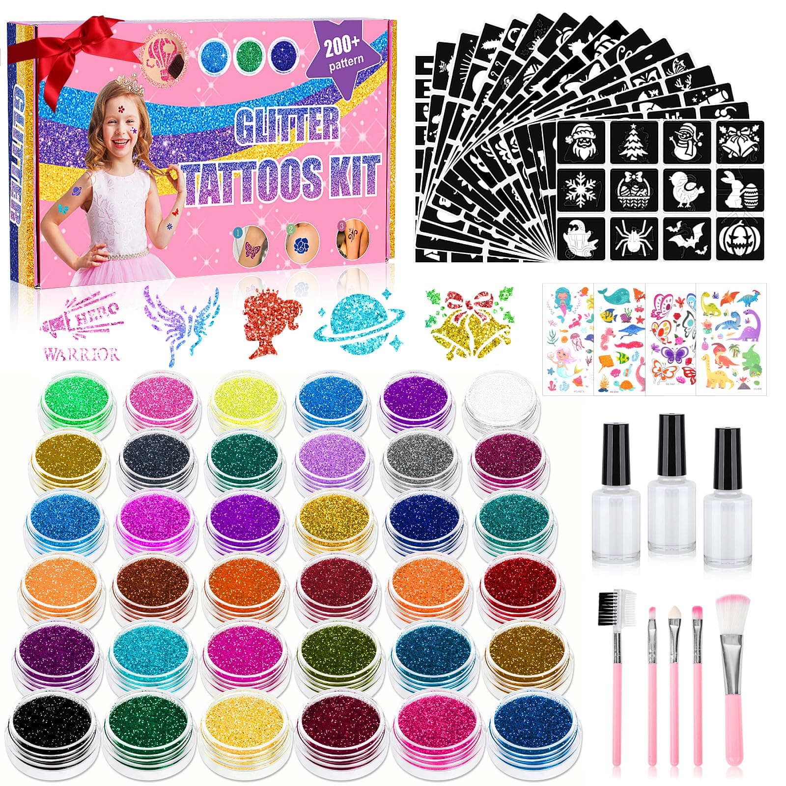 Glitzer Tattoo Set Kinder - 36 Farben, 220 Tattoos Schablonen, Glitzer Mädchen Temporäres Geschenk 🎁