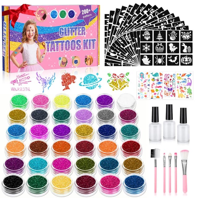 Glitzer Tattoo Set Kinder - 36 Farben, 220 Tattoos Schablonen, Glitzer Mädchen Temporäres Geschenk 🎁