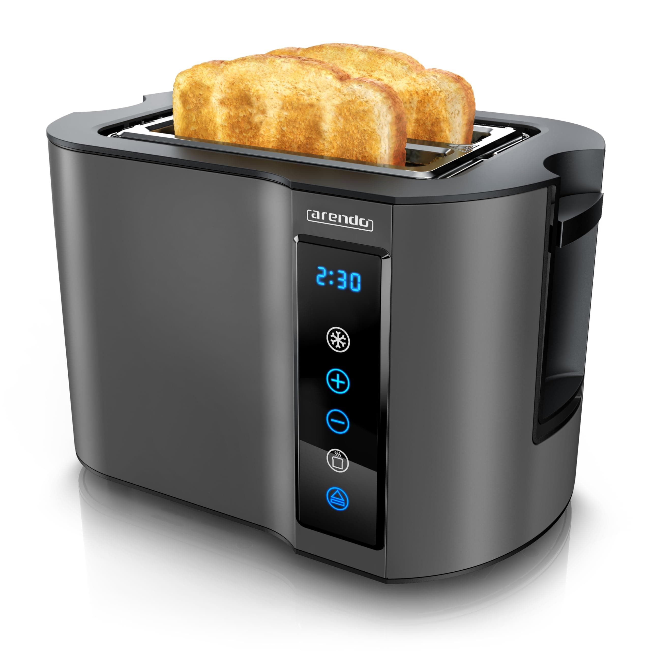 Arendo - Touch Toaster 2 Scheiben Edelstahl - 🍞 Touchpanel - 🕒 digital Display Restzeitanzeige - 800 W – Doppelwandgehäuse – mit Brötchenaufsatz – 7 Bräunungsgrade – Brotscheibenzentrierung - Cool Grey