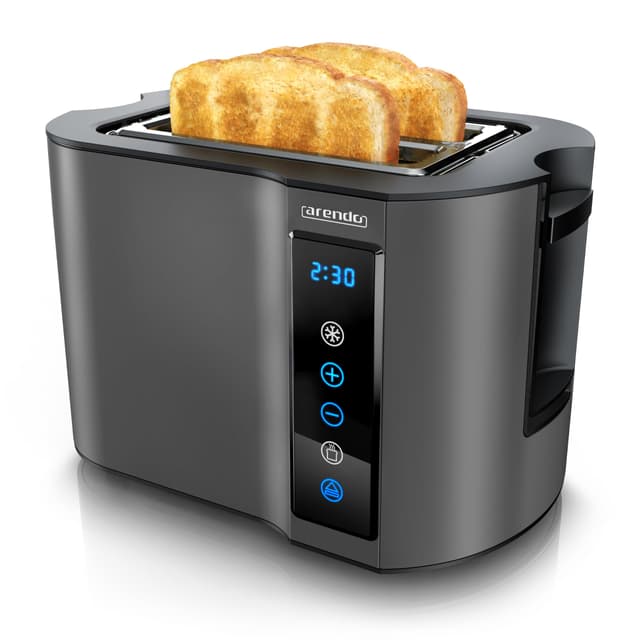 Arendo - Touch Toaster 2 Scheiben Edelstahl - 🍞 Touchpanel - 🕒 digital Display Restzeitanzeige - 800 W – Doppelwandgehäuse – mit Brötchenaufsatz – 7 Bräunungsgrade – Brotscheibenzentrierung - Cool Grey