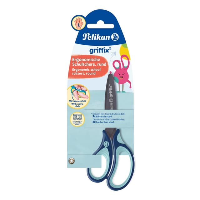 🌈 Pelikan griffix Kinder- und Schulschere 14 cm spitz, Schere für Linkshänder in blau 🌟
