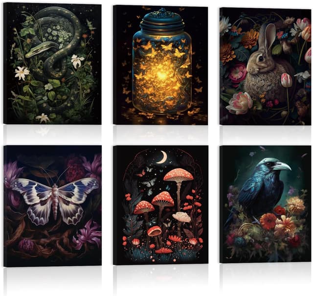 HPNIUB Dark Academia Room Decor,Gothic Magic Nature Forest Wall Art,Set von 6 Stück (8x10inch,gerahmt) Dark Academia Ästhetische Kunstdrucke Bilder