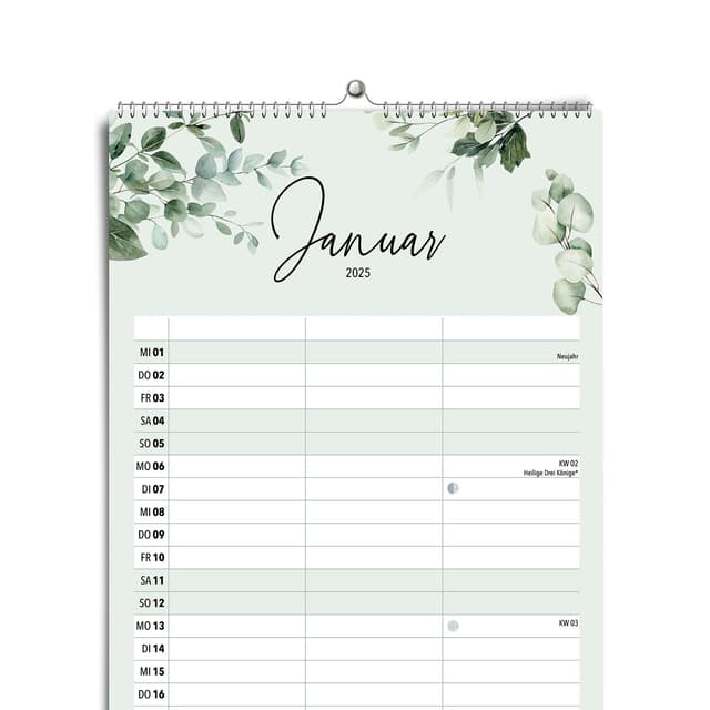 heaven+paper Familienplaner 3 Spalten Eukalyptus grün - Kalender für zwei 2025 🌿📅