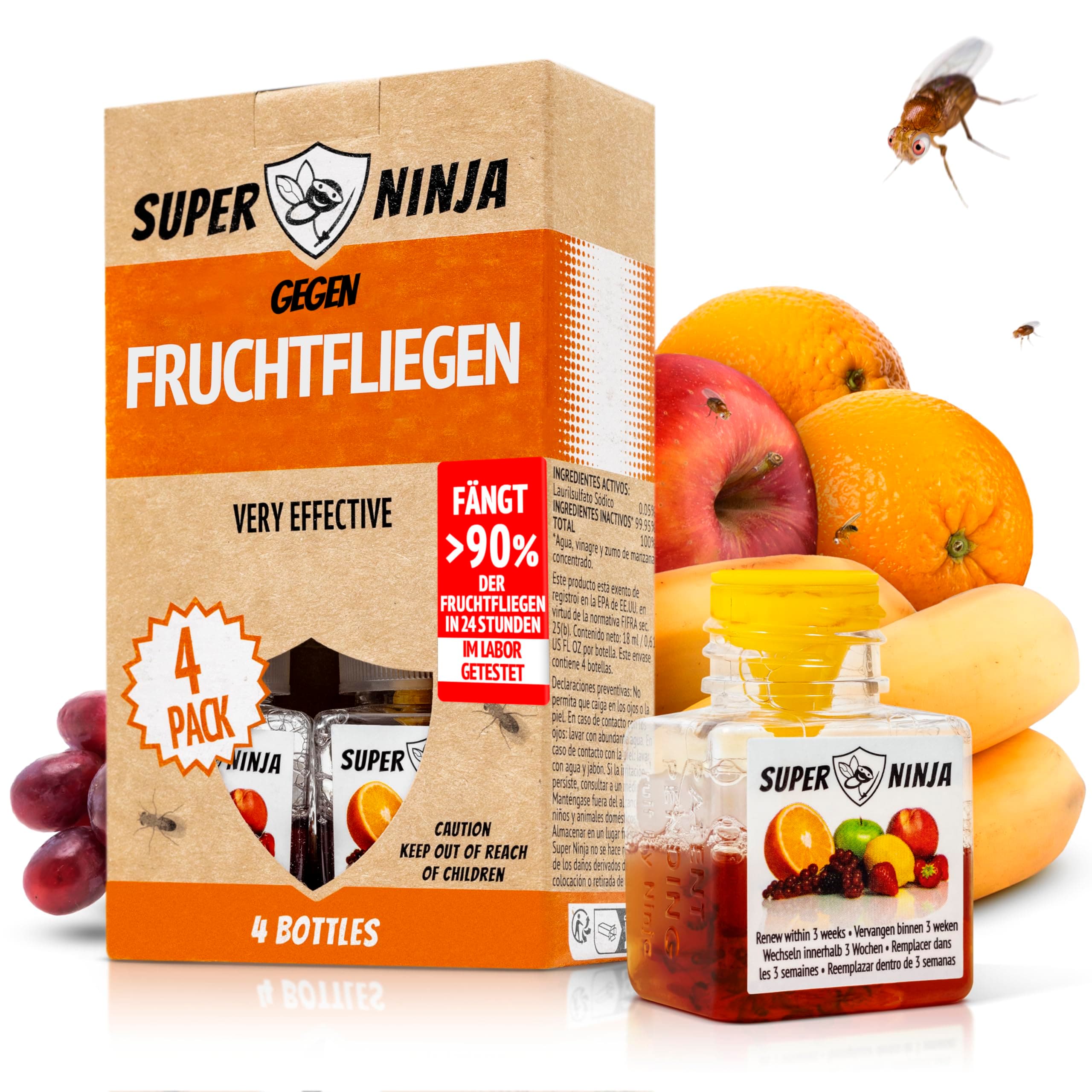 🍎🐜 Super Ninja Fruchtfliegenfalle für Innenbereich – 4er-Pack -  Kinder- und haustierfreundlich