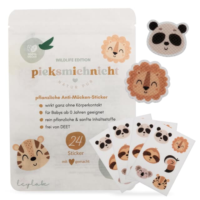 🌿🦟 Pieksmichnicht Pflanzliche Anti-Mücken-Aufkleber für Babys und Kinder mit Tiermotiven 🦒🐅