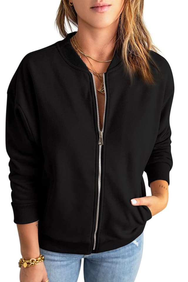 GeGekoko Zip Sweatshirt Damen übergroße Jacket Sweatshirt 🌟 Einfarbige Loose Langarm Tops Oberteile mit Tasche XL Schwarz