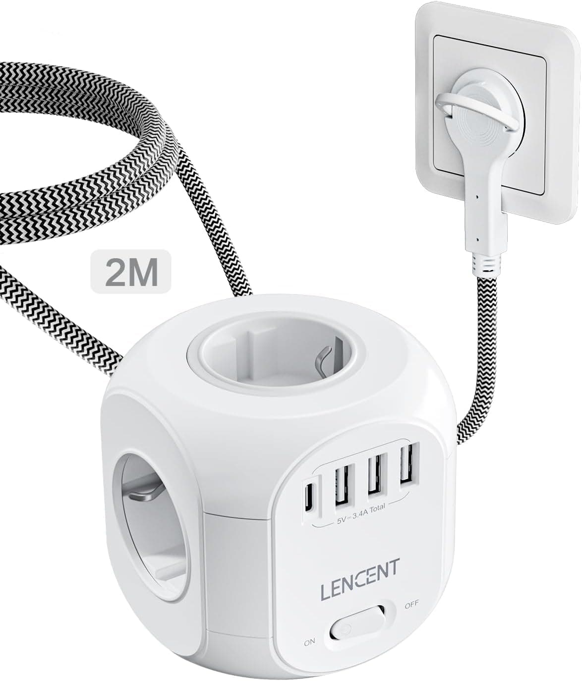 LENCENT 4 Fach Steckdosenleiste 🌟 Mehrfachsteckdose 8 in 1 Cube 🎉 2M geflochtenes Kabel