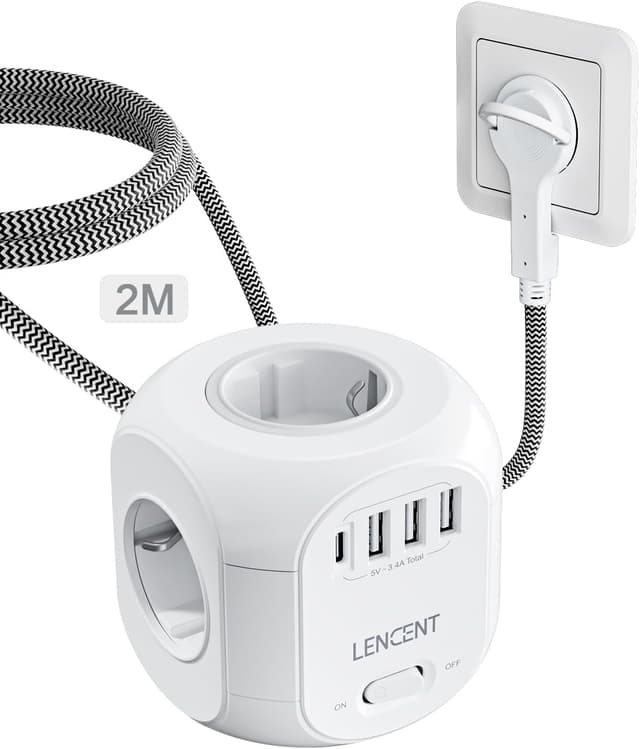 LENCENT 4 Fach Steckdosenleiste 🌟 Mehrfachsteckdose 8 in 1 Cube 🎉 2M geflochtenes Kabel