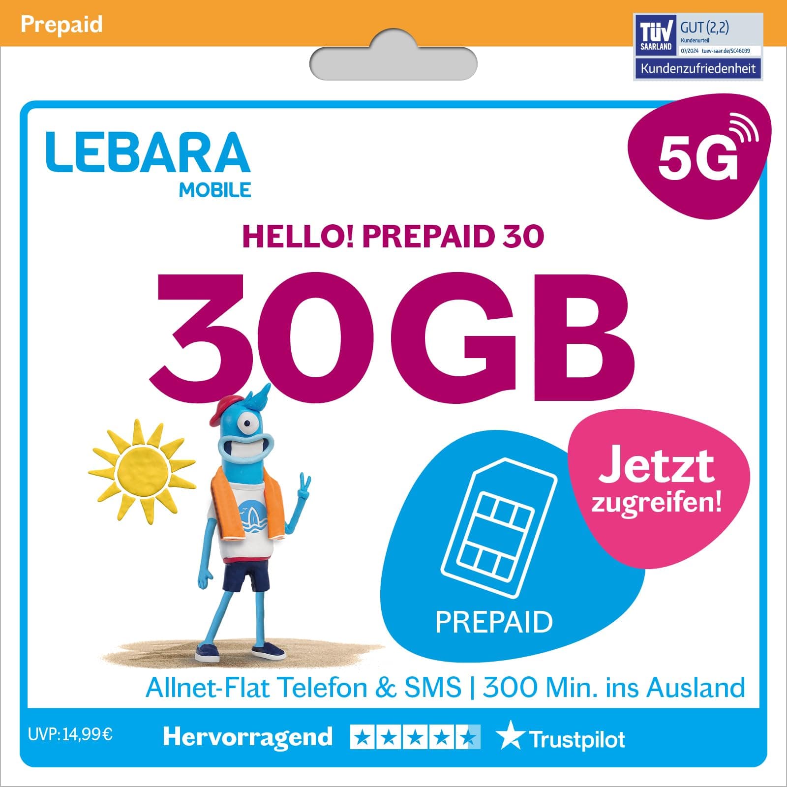 📱 LEBARA Hello! 30 Prepaid SIM-Karte | 30 GB für nur 7,49 € auf Amazon