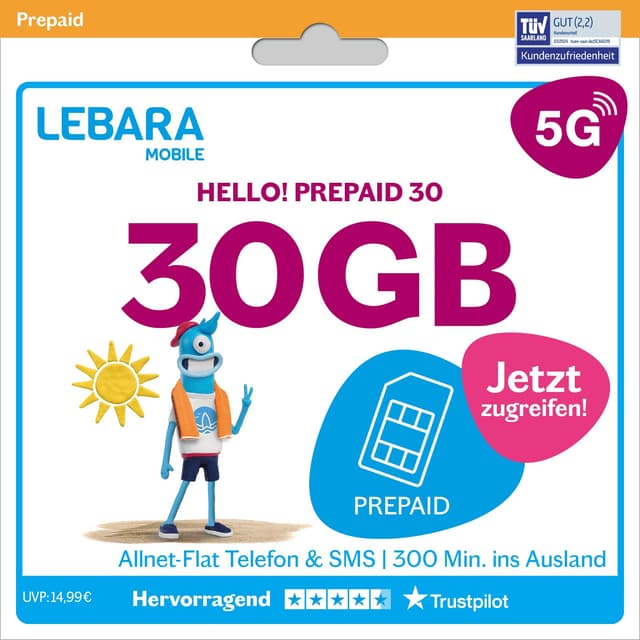 📱 LEBARA Hello! 30 Prepaid SIM-Karte | 30 GB für nur 7,49 € auf Amazon