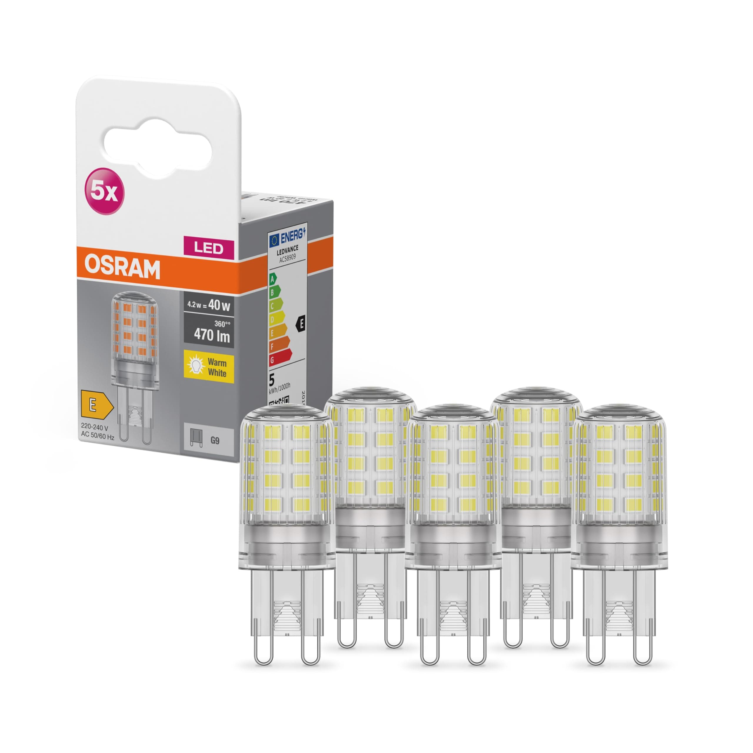 🌟🔆 OSRAM Star PIN LED-Lampe für G9-Sockel, Warmweiß (2700K), 470 Lumen, 5-er Pack 40W Ersatz