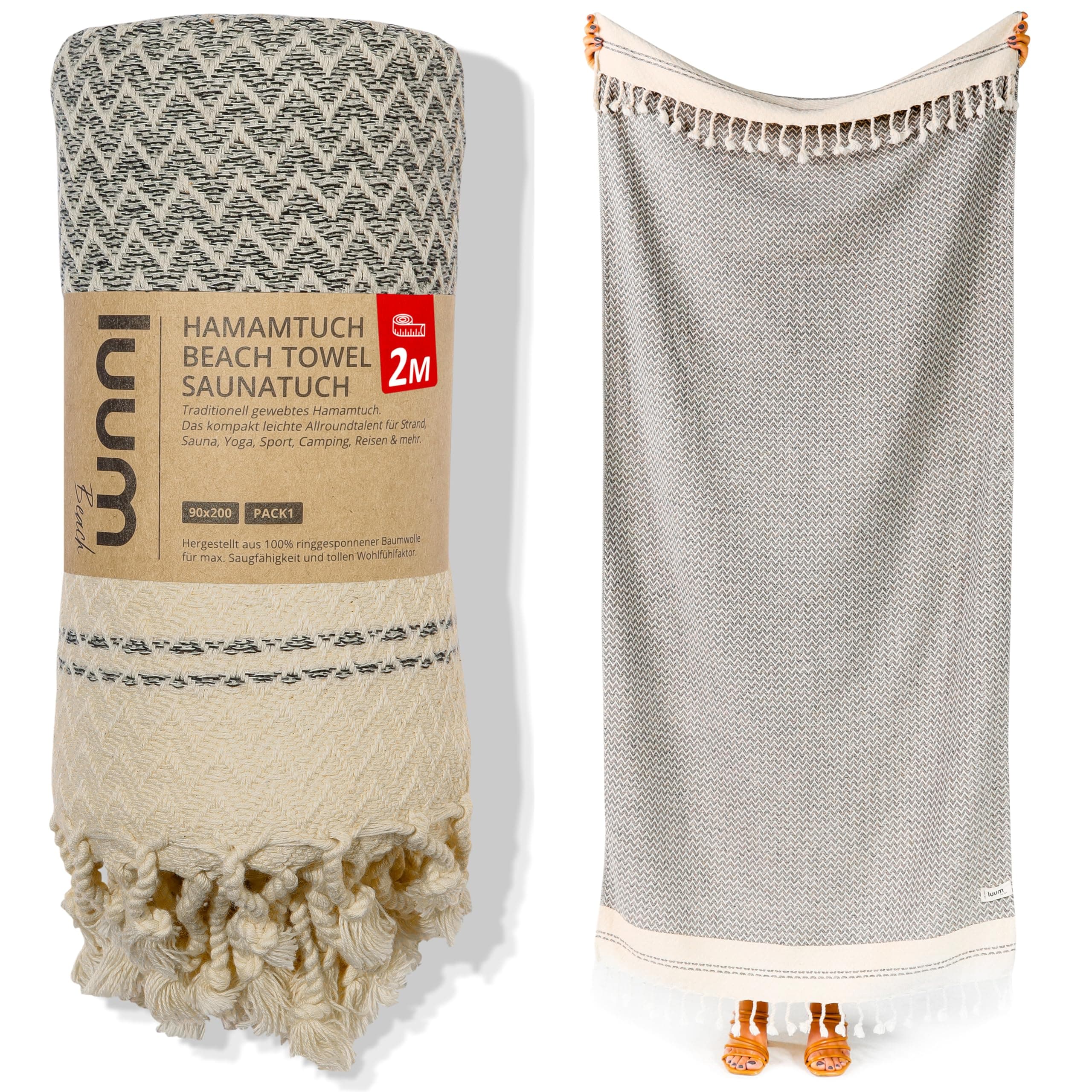 Luum® Hamamtuch groß 90x200 Strandtuch XXL Saunahandtuch Handtuch Yogatuch Duschtuch Strandhandtuch Saunatuch Badetuch Reisehandtuch Pestemal Turkish Towels, Damen Herren, 100% Baumwolle, Beige Single [90x200] Beige
