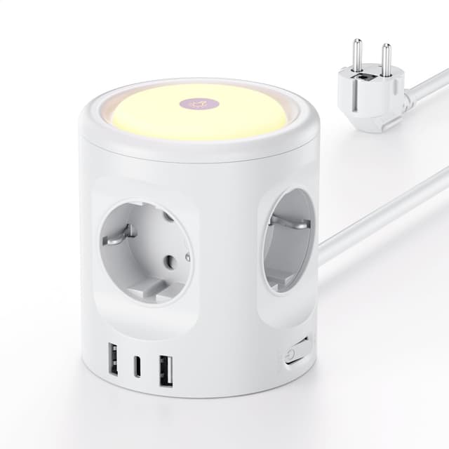 🔌 Mehrfachsteckdose mit Licht und USB-Anschlüssen 7 in 1 - Steckdosenleiste mit Schalter und Überspannungsschutz 2M Kabel