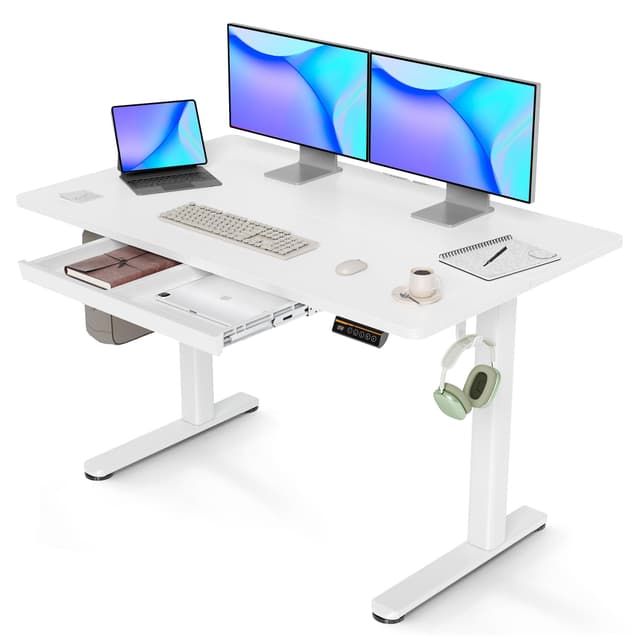 Claiks Höhenverstellbarer Schreibtisch 120x60cm mit Schublade, Elektrisch, Standing Desk in Weiß