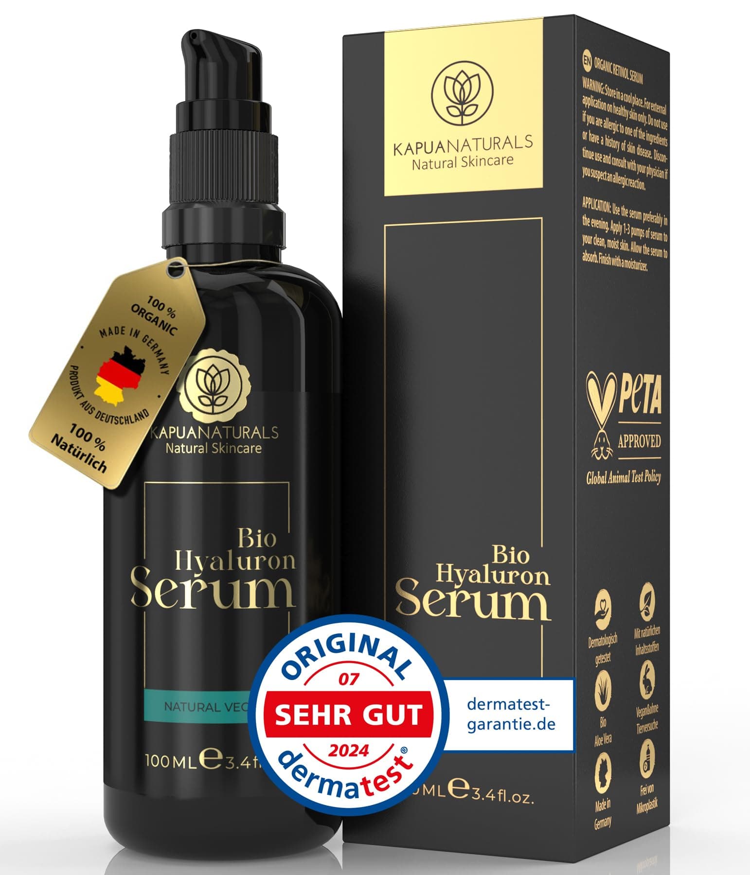 BIO Hyaluron Serum hochdosiert • 100ml +Vit E & B5 • 7-Fach Hyaluronsäure Serum Gesicht