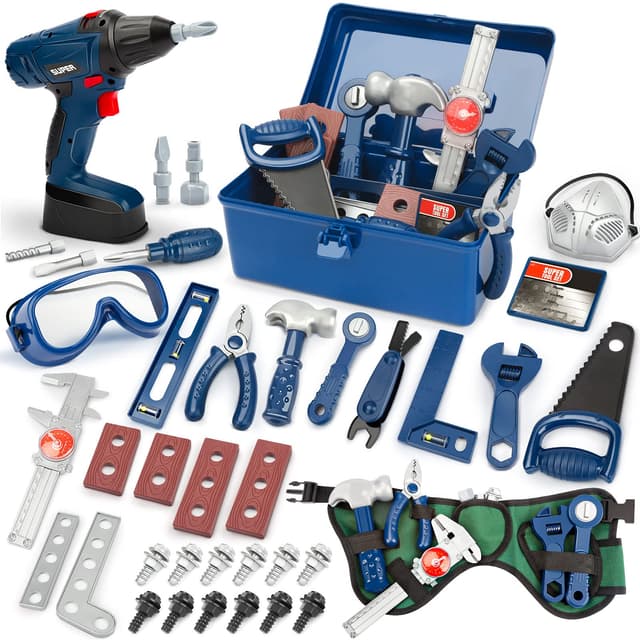 🔧 Vanplay Werkzeugkoffer Kinder Werkzeug mit Elektrische Spielzeug Bohrmaschine 🛠️ Kinderspielzeug 52 STK Dunkelblau