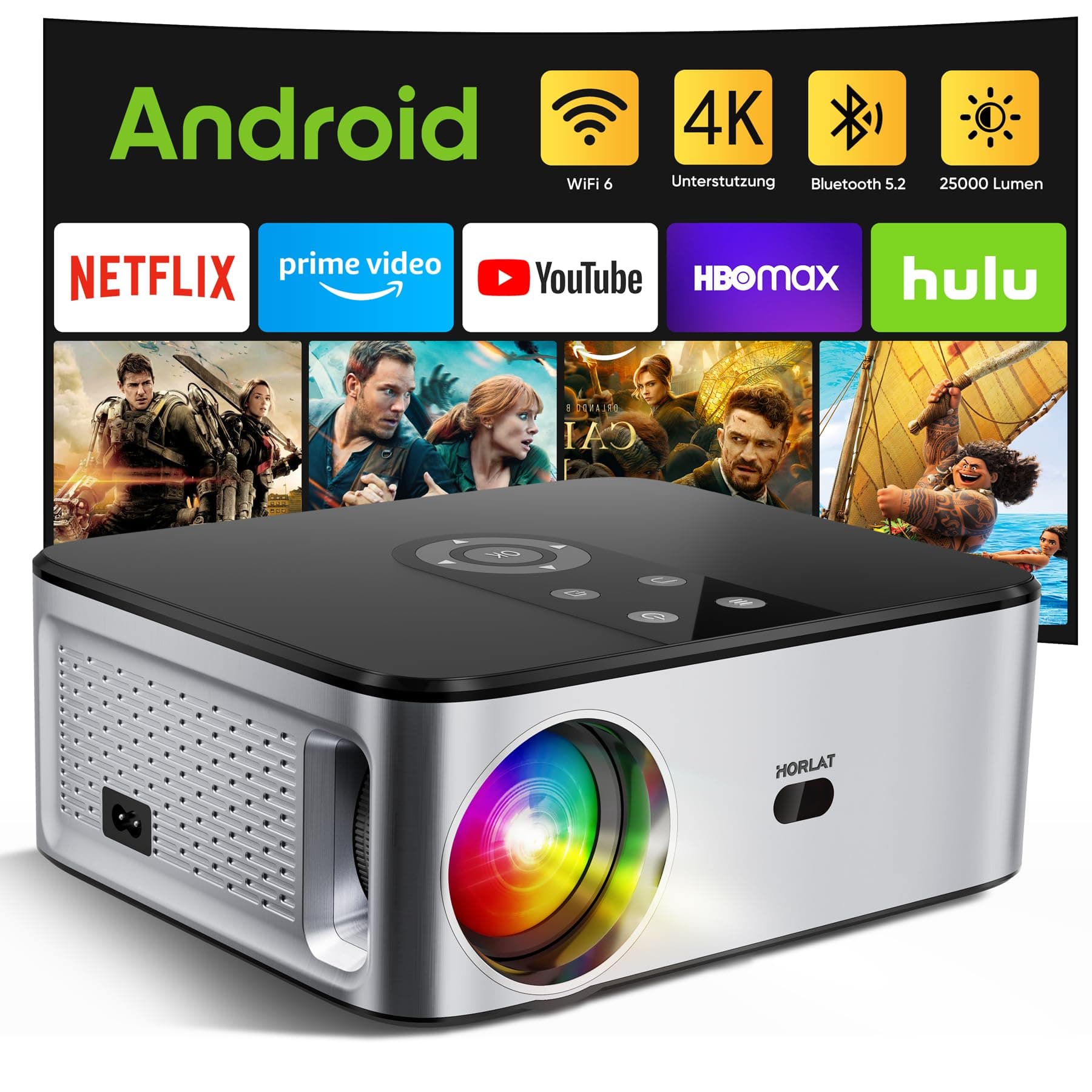 HORLAT Beamer 4K Heimkino 25000 Lumen, Full HD 1080P【Android TV】-Projektor 🎬