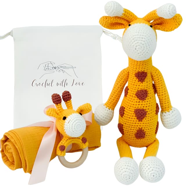 🦒🎁 cometrade Baby-Geschenk-Set, 4er, Giraffen-Thema - Kuscheltier 37 cm, Baby-Rassel 13cm, Badetuch & Beutel 🎁🦒