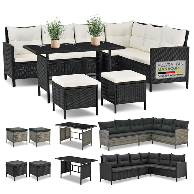 🌞 Juskys Polyrattan Lounge Manacor mit Ecksofa, Esstisch, 2 Hocker & Kissen - Gartenmöbel Set 🌿