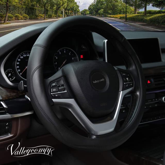 Valleycomfy Lenkradabdeckungen 🚗 Für Frauen Männer Universal 37-39cm Auto Lenkradabdeckung Kunstleder, Schwarz