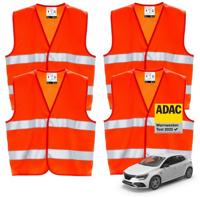 4er Warnwesten Auto ISO20471 orange 2025 🚗 - Leuchtende & reflektierende Sicherheitswesten für PKW & LKW