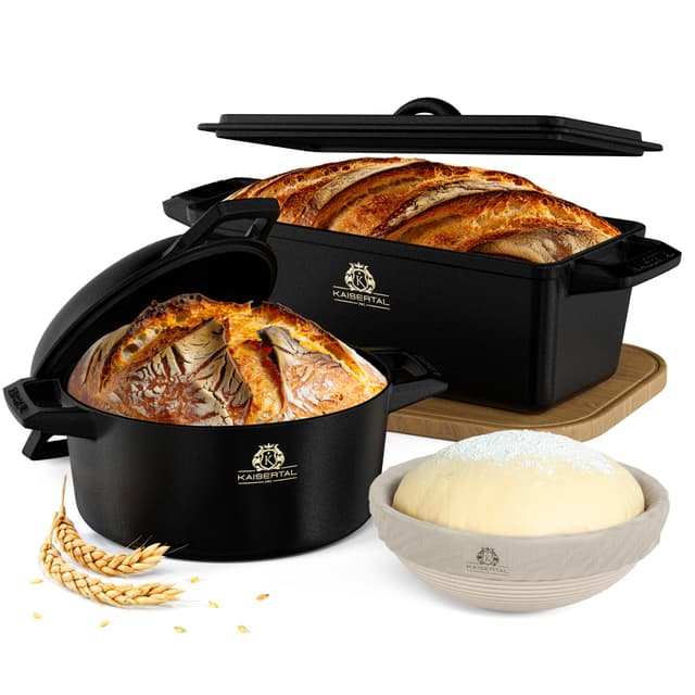 KAISERTAL Brotbackform & Gusseisen-Topf + Gärkorb Set 🍞🍲 - Eingebrannte Gusseisen Töpfe