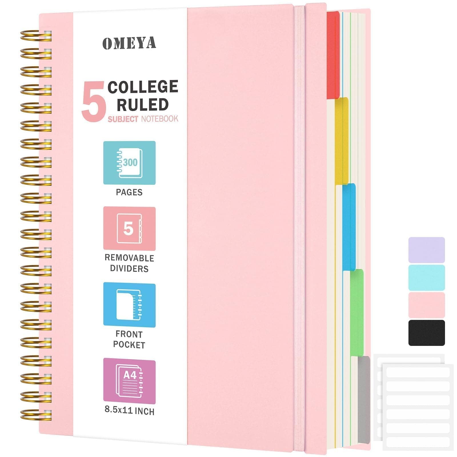 Notizblock, Notizbuch A4 Liniert, 5 Fächer, 300 Blatt 100GSM Spiral Softcover, Rosa A4 Pink 📒🌸