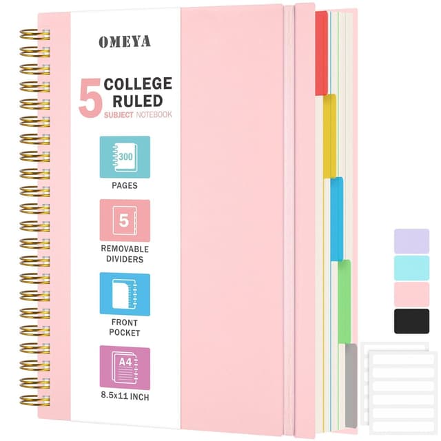Notizblock, Notizbuch A4 Liniert, 5 Fächer, 300 Blatt 100GSM Spiral Softcover, Rosa A4 Pink 📒🌸