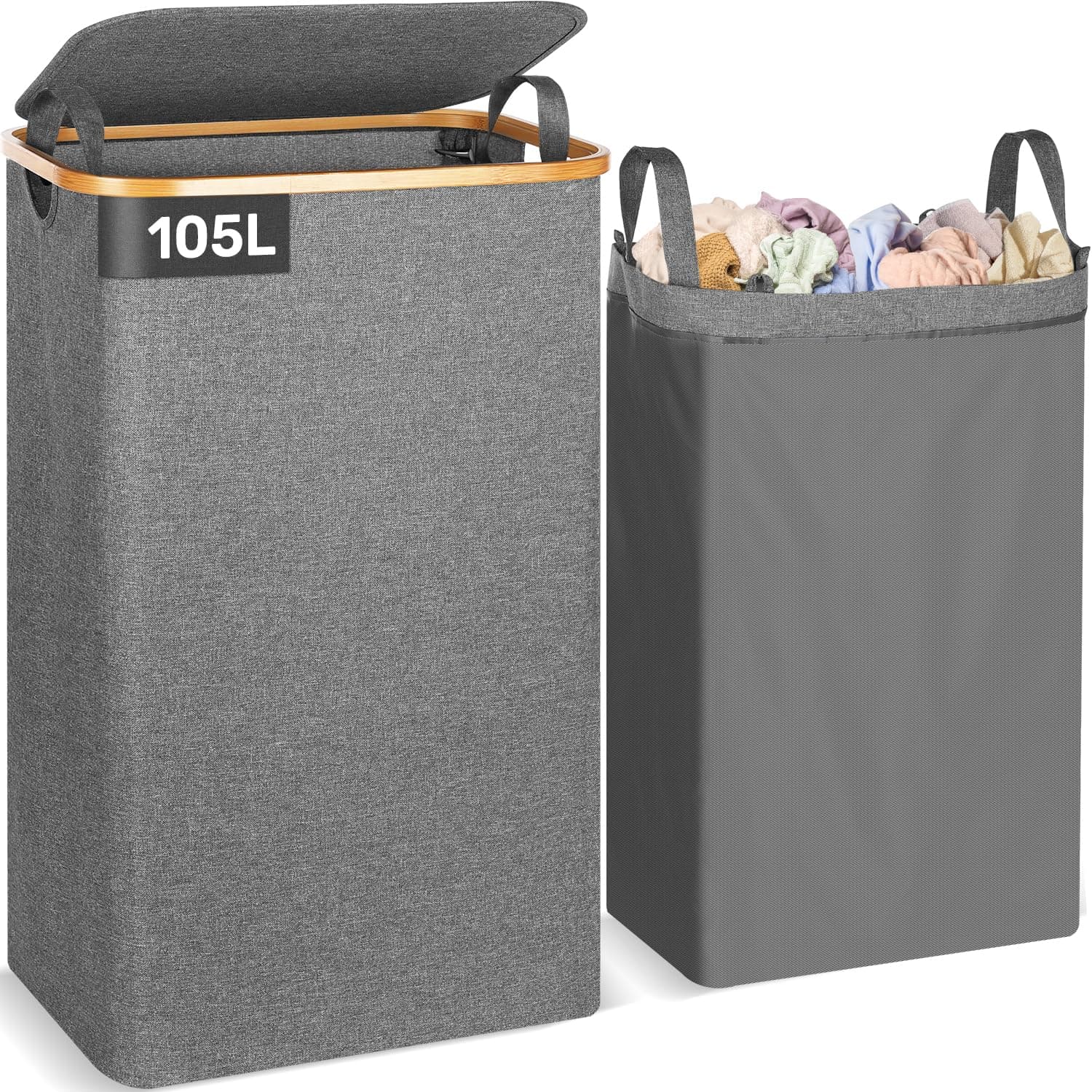 OUSFOT 105L Wäschekorb mit Deckel aus Bambus und Oxford-Gewebe 🧺