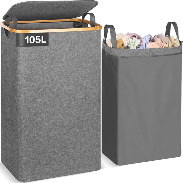 OUSFOT 105L Wäschekorb mit Deckel aus Bambus und Oxford-Gewebe 🧺