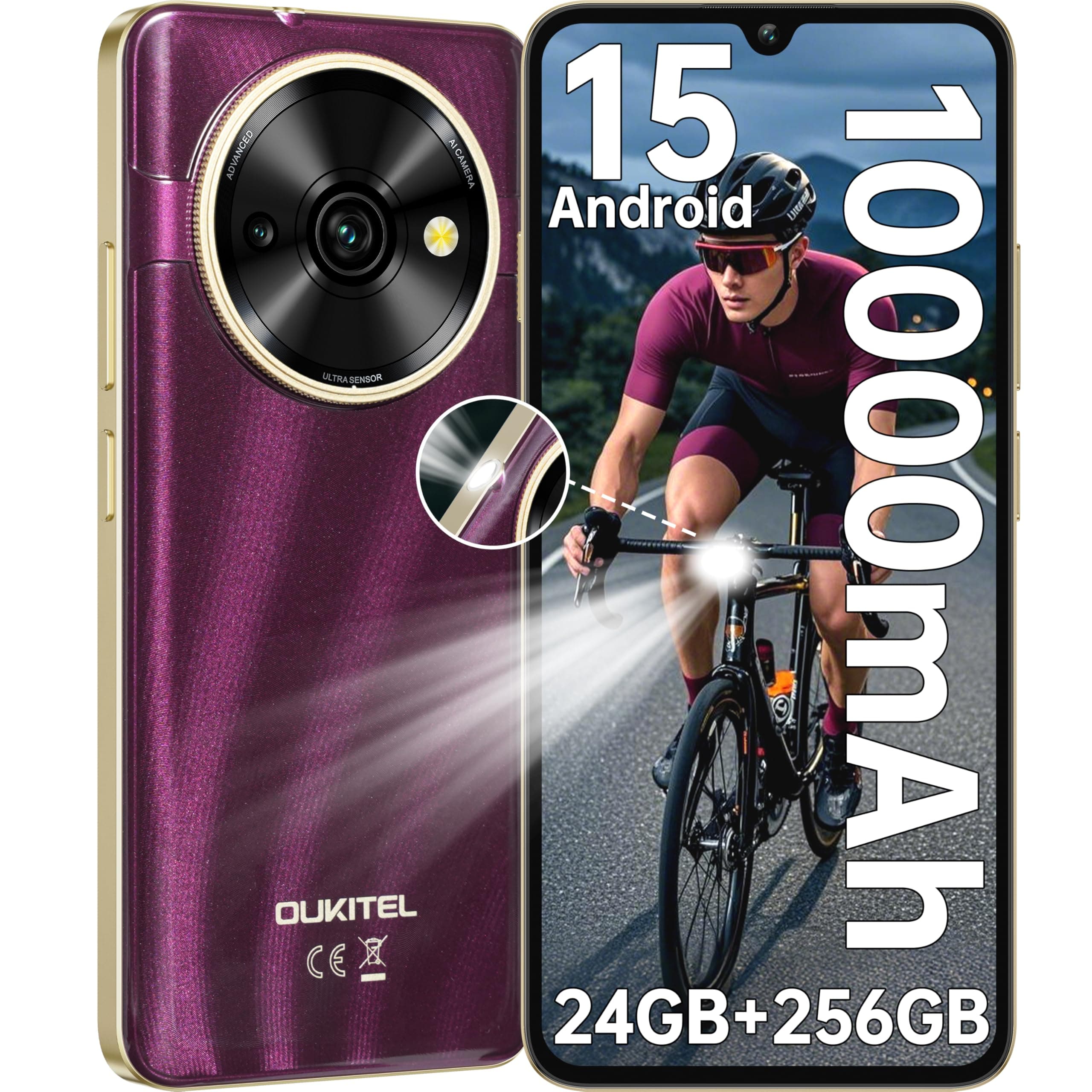 OUKITEL C59 Pro Android 15 Smartphone Ohne Vertrag - 10000mAh 24GB+256GB 6.88 Zoll 90Hz Handy Günstig 13MP+5MP Kamera 120LM Taschenlampe