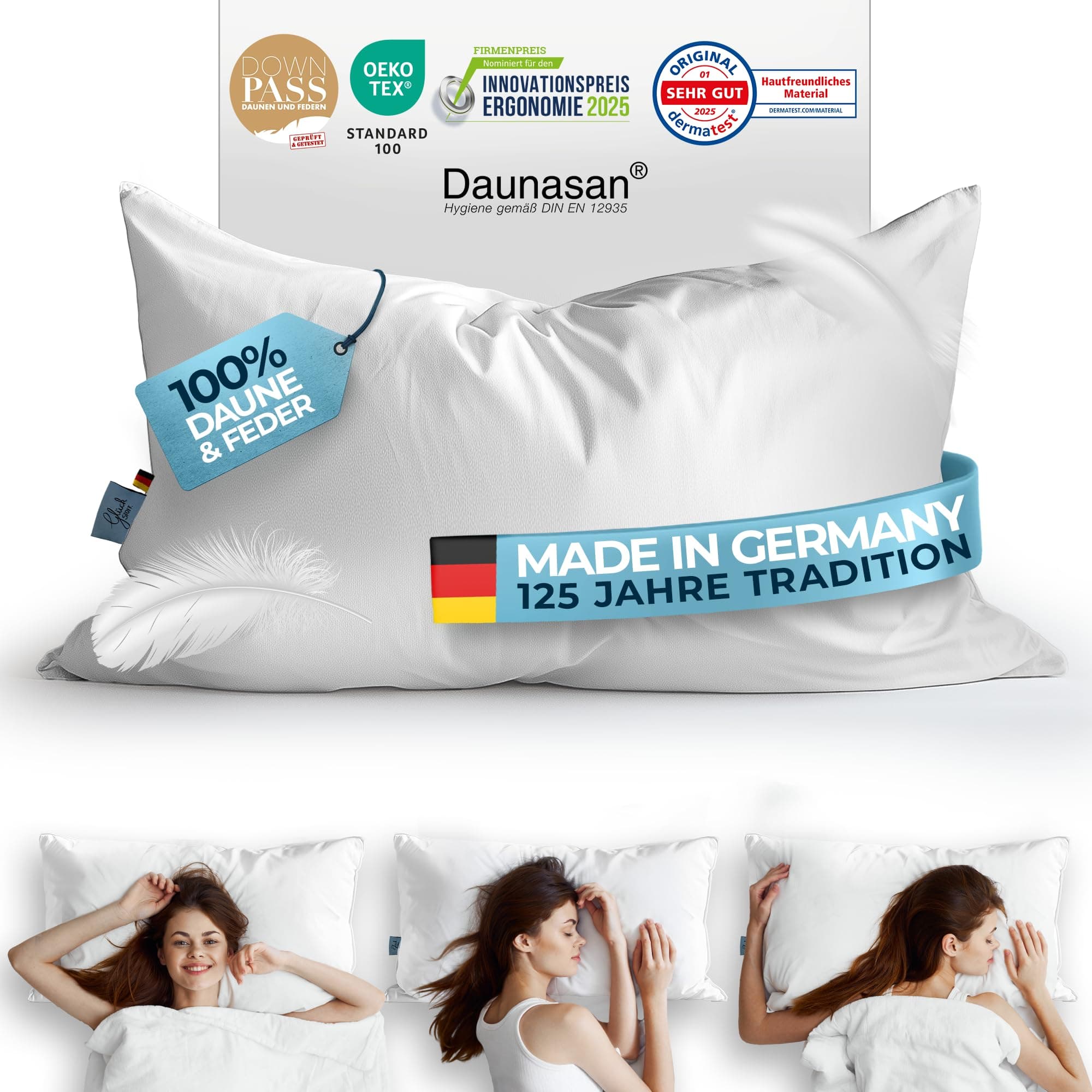 Glückstoff® Daunenkissen 40x80 [Made in Germany] - Hochwertiges Kopfkissen mit 100% Daunen & Federn