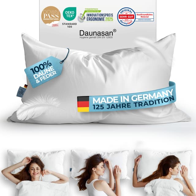 Glückstoff® Daunenkissen 40x80 [Made in Germany] - Hochwertiges Kopfkissen mit 100% Daunen & Federn