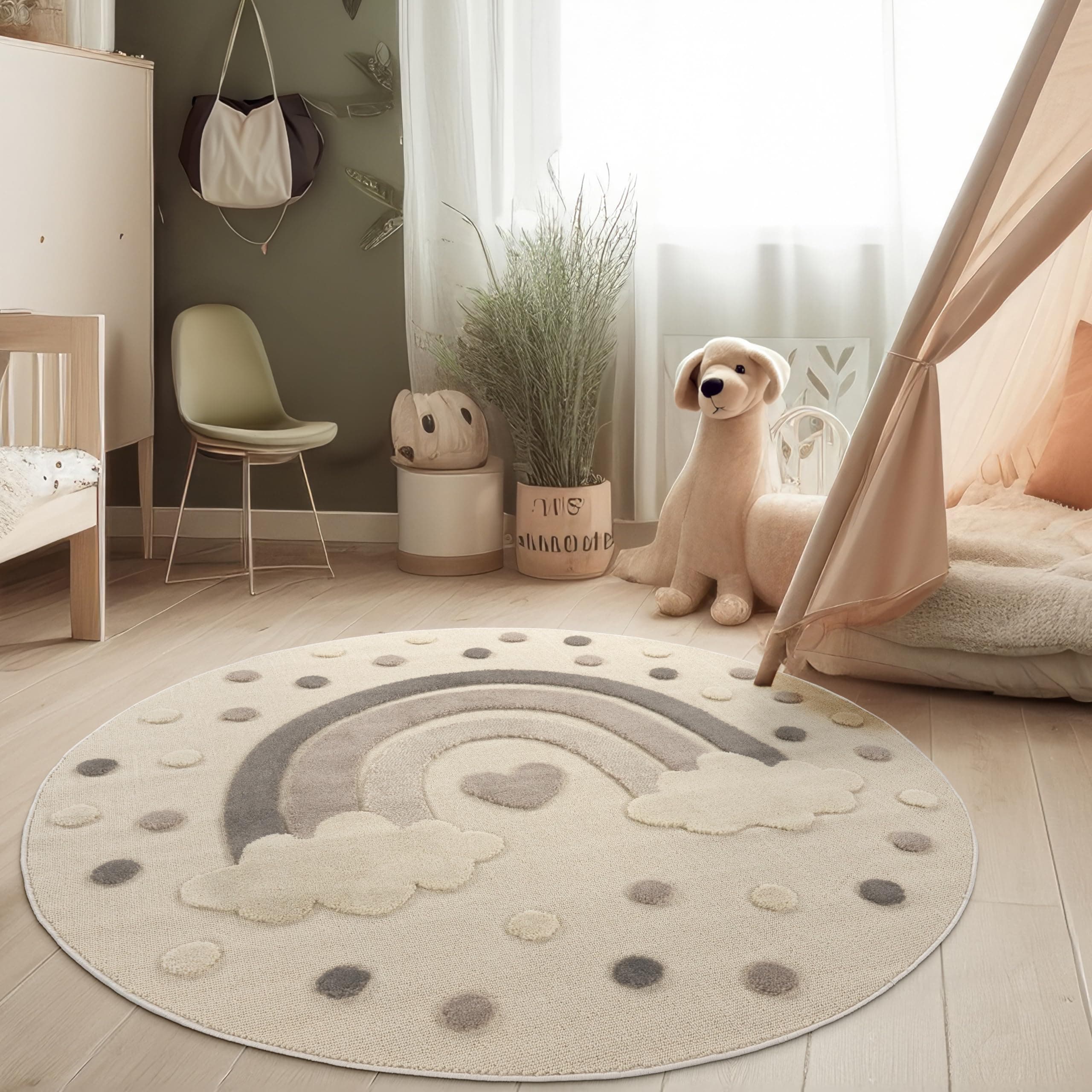 🌈 Paco Home Kinderzimmer Moderner Kinderteppich 3D-Effekt Naturtöne 160 cm Rund Creme