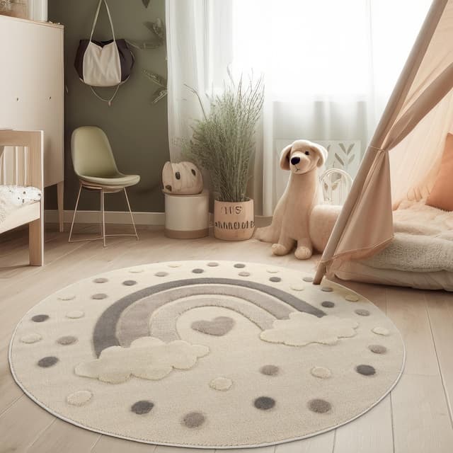 🌈 Paco Home Kinderzimmer Moderner Kinderteppich 3D-Effekt Naturtöne 160 cm Rund Creme