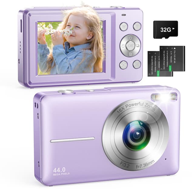 📸 Zostuic Digitalkamera Fotokamera mit 32GB Karte,FHD 1080P 44MP Fotoapparat 16X Digitalzoom Einfache Kompaktkamera Tragbare Digital Kamera mit 2 Akku für Kinder Teenager Anfänger Lila
