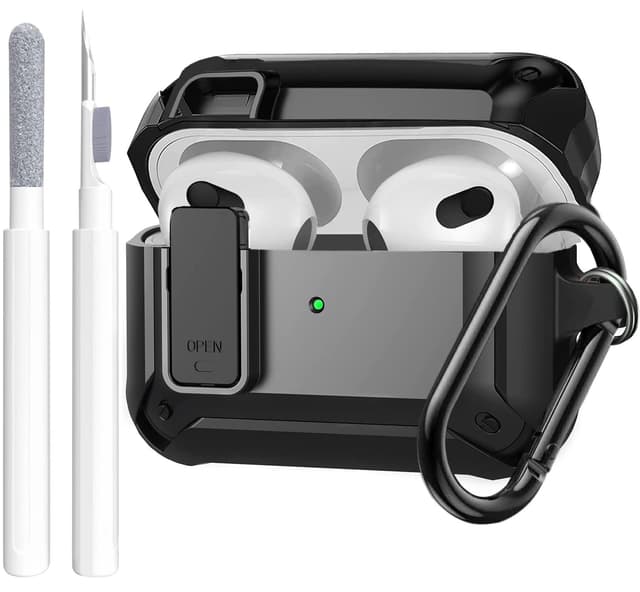 Airpods 3rd Generation Hülle Case Verschlussdeckel mit Reinigungsset | OTOPO Schutzhülle | Stoßfeste robuste Case für Air Pods 3rd Ladekoffer Black